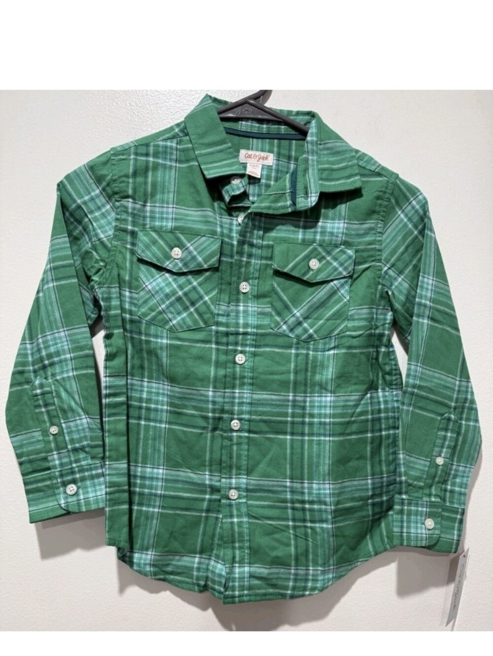 Cat & Jack Boys Green Plaid Long-Sleeve Button-Down Shirt